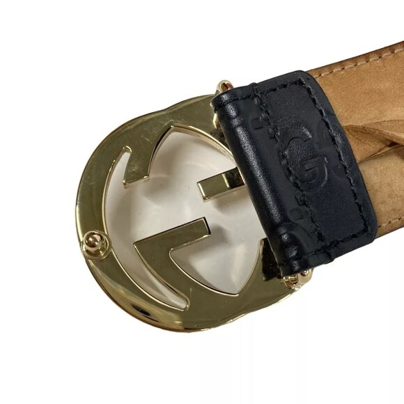 Auth GUCCI Interlocking G/Ssima Line Black Gold Leather Hardware Belt 283-121524 - Picture 6 of 7